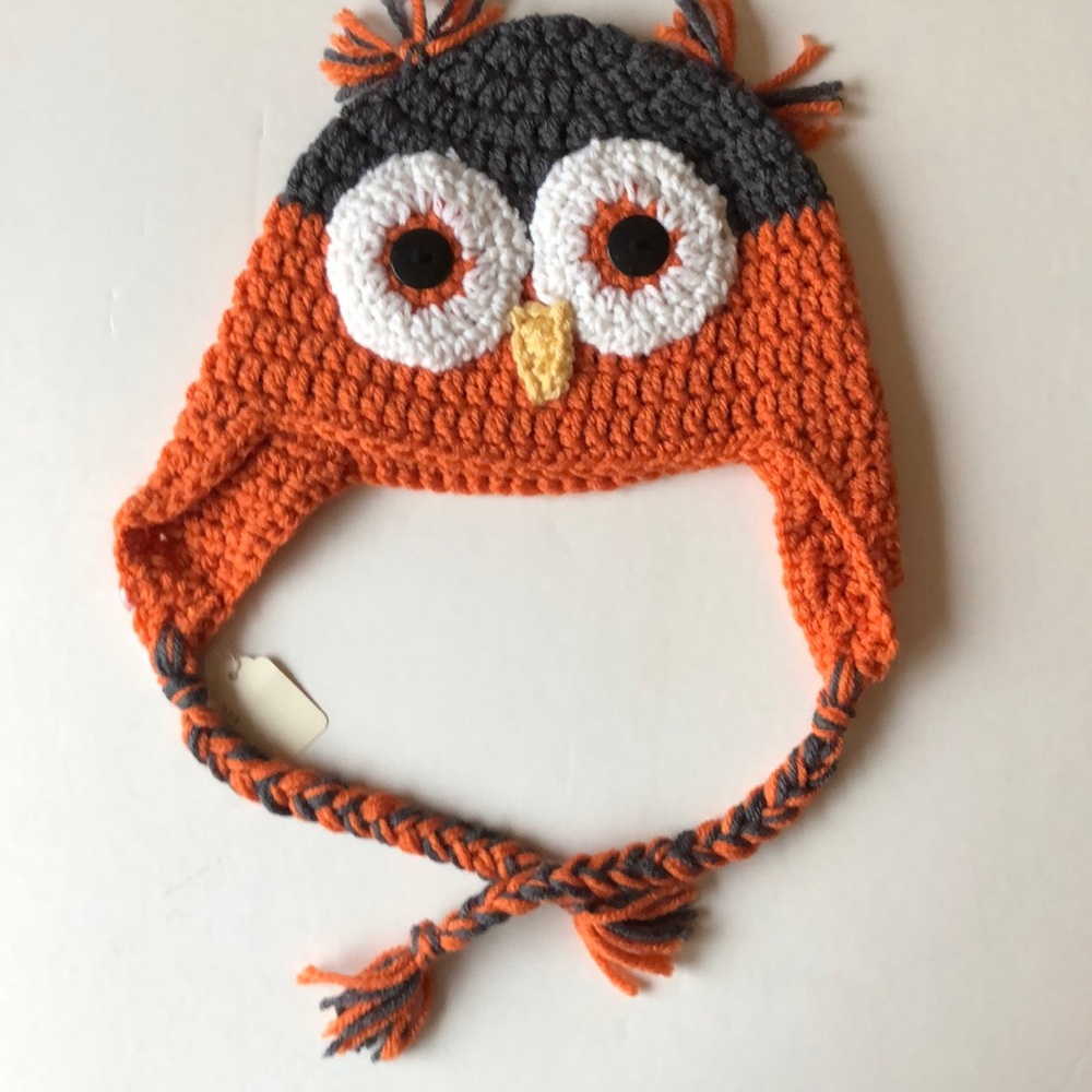 Handmade Crochet Owl Hat Orange Gray